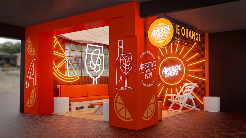 3D render of an orange Aperol Spritz brand space with neon signs and lounge chairs