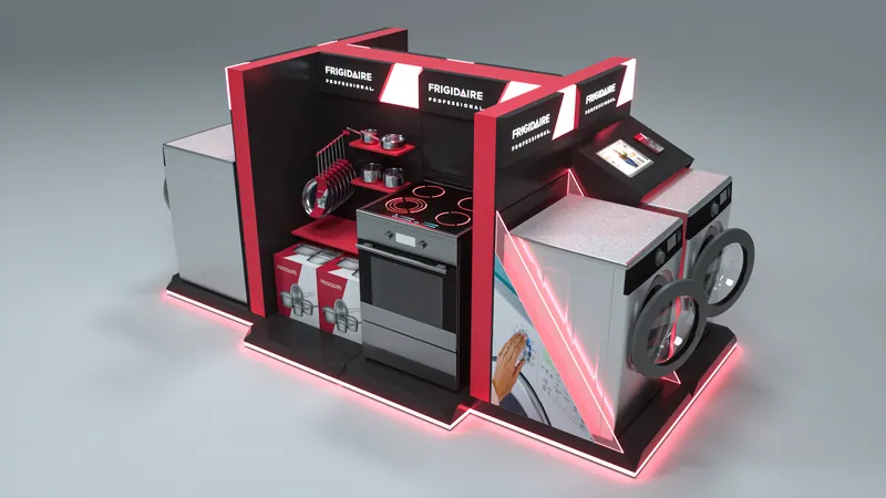 3D render of a red and black Frigidaire in-store display with appliances