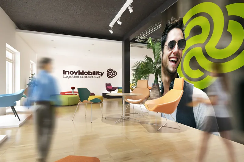 InovMobility logo and green graphics applied in an office space
