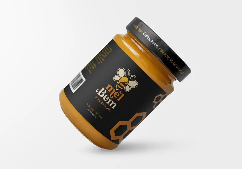 Mel Bem honey jar with a black and gold label